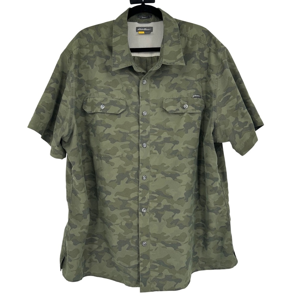 Eddie Bauer Mens 2XL Green Camo Short Sleeve Button Down Shirt Classic Fit Mesh